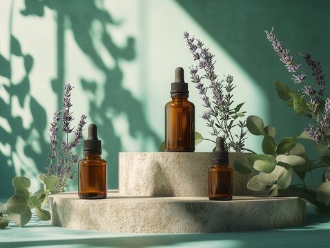 Sleek arrangement of essential oil dropper bottles on natural stone platforms with greenery in a calming indoor space