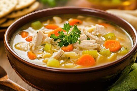 Bowl of chicken noodle soup with carrots celery and parsley garnish