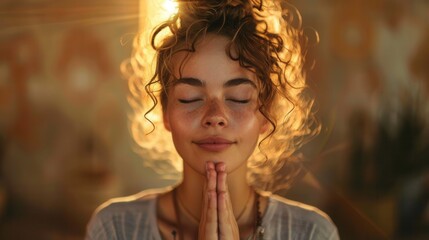 Meditating woman with curly hair in a serene environment, sunlight illuminating her peaceful expression during a reflective moment