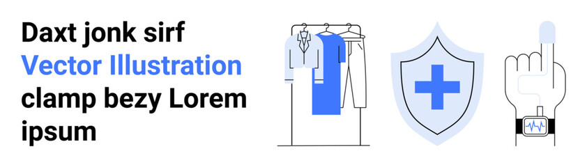 Fototapeta premium Clothing rack with garments, shield with medical cross, hand with smartwatch and raised index finger. Ideal for healthcare, technology, fashion, design, security, digital interfaces online services