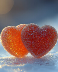 Fototapeta premium Two heart-shaped candies positioned next to each other on a plain white surface,