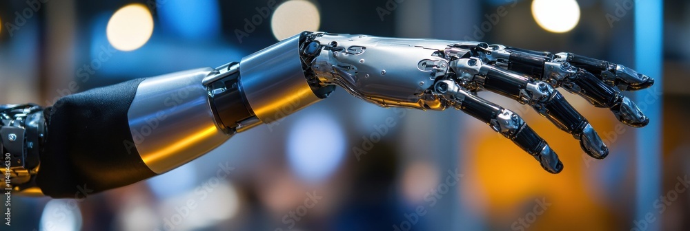 Poster prosthetic arm demonstrating advanced functionality in a modern exhibition setting. generative ai