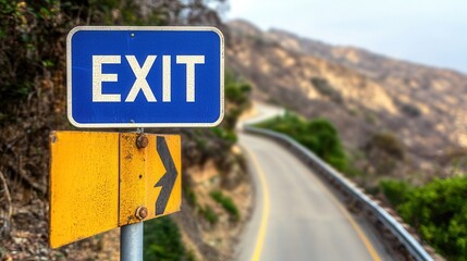 Road exit sign directing drivers towards a winding coastal route surrounded by hills during a cloudy day