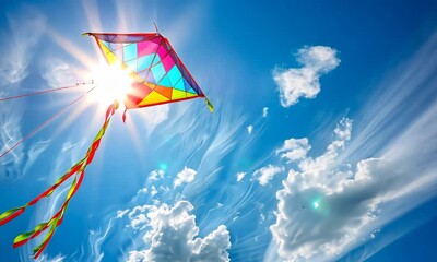 Colorful kite flying in sunny blue sky with white clouds