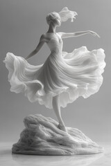 Naklejka premium A minimalist view of a rotating ballerina statue with a flowing tutu, set on a smooth white backdrop,