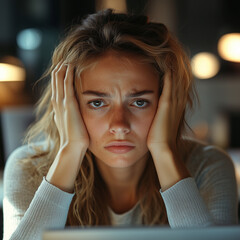 A woman sitting sad conveys feelings of helplessness, sadness, and emotional or mental exhaustion. Often has a dull expression. Head posture, shoulders slumped, and sitting in an environment that refl