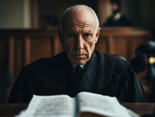 Serious Judge Reviews Court Documents in Wooden Courtroom