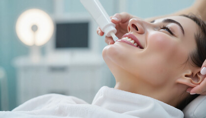 Woman receiving cosmetic dental treatment in clinic.