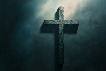 A cross is shown in a dark room. The cross is made of wood and has a shadow on the wall. Scene is somber and contemplative