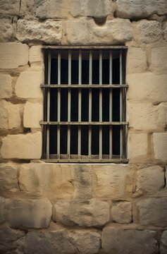Metal bars obstruct view from a solitary stone prison window in a historic building, showcasing an atmosphere of confinement and isolation during the evening light