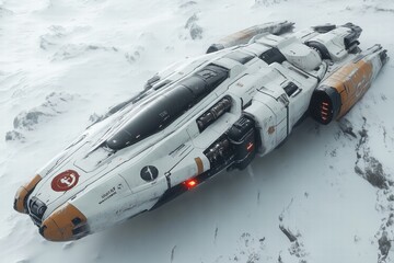 A futuristic spaceship resting on a snowy landscape, featuring a sleek design with orange and white colors, illuminated engines, and intricate details.