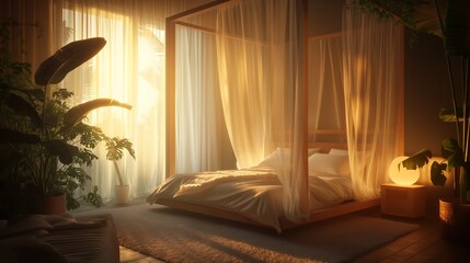Serene bedroom with a canopy bed, sheer curtains billowing in the breeze, and soft ambient lighting