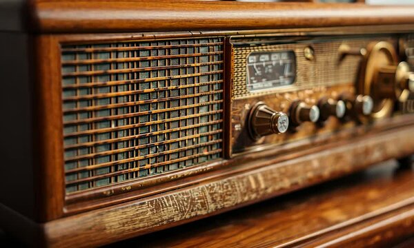 Vintage radio with buttons and dials on wooden surface