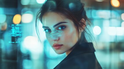 Attractive young european businesswoman with abstract web protection and thumbprint id safety hologram on blurry office interior background. Software and cybersecurity concept. Double exposure