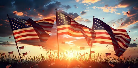 Obraz premium Sunset scene with waving American flags against a colorful sky and grassy foreground.