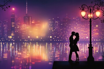 Romantic Silhouette of a Couple Embracing at Sunset with City Lights in the Background and Reflections on the Water During a Beautiful Evening