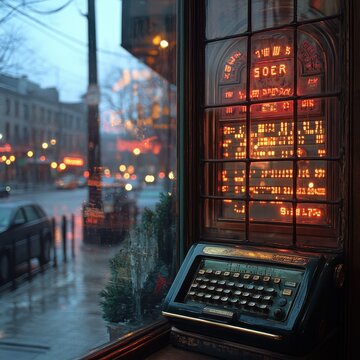 Old-fashioned teller window with brass bars and a vintage ambiance.