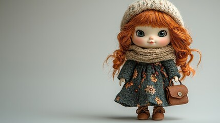 A charming doll with red hair, dressed in a floral dress and cozy accessories.