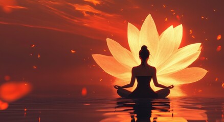 A beautiful woman meditating in lotus position with glowing aura, background of the sunset and reflection on water, big white flower behind her back