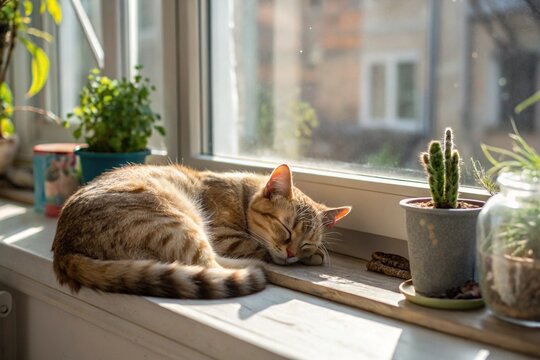 Cozy Tabby Cat Curled Up on Sunny  Windowsill, Relaxed and Inviting - Powered by Adobe