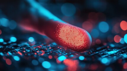 Close up of businessman thumb pointing at abstract glowing id fingerprint web protection and security interface on blurry blue bokeh city background. Identification, cybersecurity and privacy concept