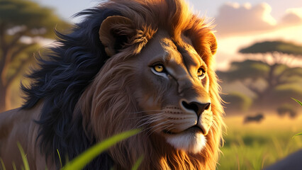 Fototapeta premium Majestic Lion in the Golden Afternoon A Hyper-Realistic Portrait