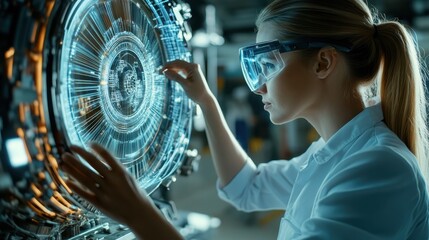 Engine hologram inspection woman analyse holographic image in digital glasses. Closeup futuristic automobile industry specialist checking turbine project designing motor. High tech engineering concep