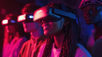 Group of diverse young teenage friends using vr headsets to explore an interactive world at a vr club
