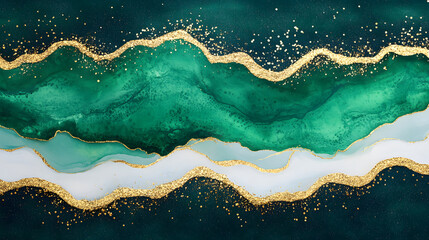 An abstract painting with turquoise and gold hues, blending fluid shapes and bold strokes to create a modern, artistic composition that evokes a sense of luxury, sophistication, and dynamic energy, pe