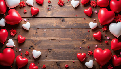 Obraz premium Red and white heart-shaped balloons and flowers arranged on rustic wooden background with copy space for Valentine's Day celebration