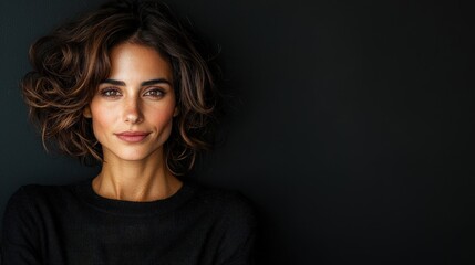 Fototapeta premium Portrait of a beautiful woman with curly brown hair against a dark background.