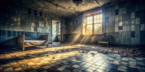 Fototapeta premium Light Gray Porcelain Tile Bedroom Floor Urban Exploration Photography - Abandoned House Interior