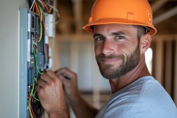 A technician wearing an orange hard hat diligently connects wires in an electrical panel, showcasing professionalism and safety in electrical work.