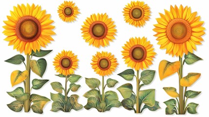 Obraz premium Vibrant Collection of Sunflowers in Different Sizes and Stages of Growth Symbolizing Summer, Nature's Beauty, and Brightness Captured in Colorful Artwork