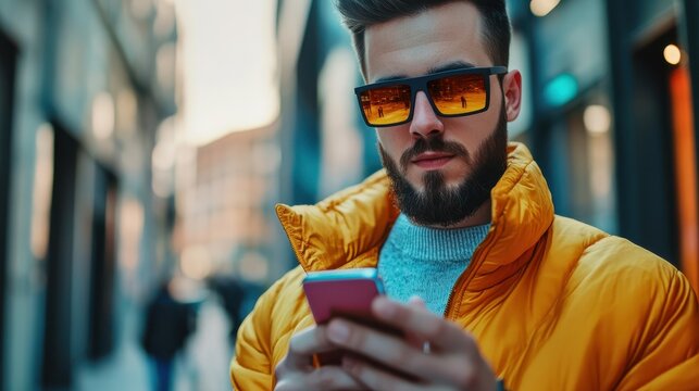 leisure, technology, communication and people concept - hipster man texting message on smartphone or playing augmented reality game