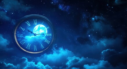A clock with glowing numbers displays the time of night, set against a background with a moon and stars. 
