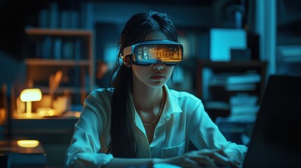Modern business woman wearing virtual reality glasses in night office. Young girl using VR goggles in dark office. Pretty woman working in augmented reality at workplace.
