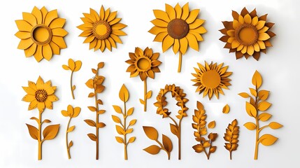 Bright and Vibrant Floral Art Composition Featuring Handmade Sunflowers and Decorative Plants in Warm Yellow Tones for Home or Event Decoration