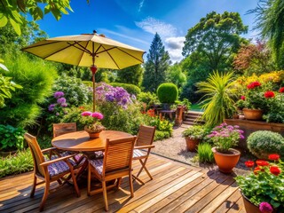 Obraz premium London Summer Garden: Patio, Wooden Furniture, Sunshade, Relaxing Outdoor Space