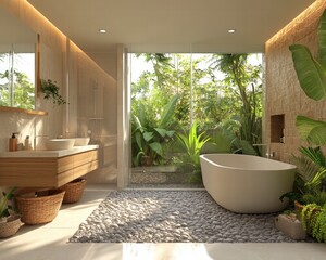 Fototapeta premium Transform Your Space Minimalist Bathroom Modern Home Image Showcase Serene Environment Bright View Pebble Stone Concept