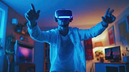 technology and entertainment concept - man with virtual reality headset or vr glasses playing videogame at home and