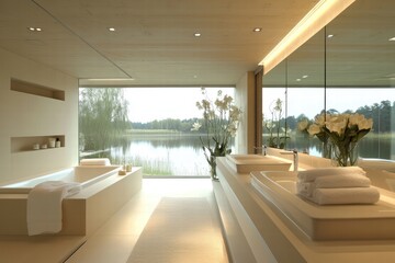 Fototapeta premium Transforming Tranquility Sleek Minimalist Bathroom Modern Home Interior Design Serene Environment Aesthetic Viewpoint Backlit Mirrors