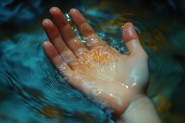 Fototapeta premium Hand submerged in water, ripples visible on surface.