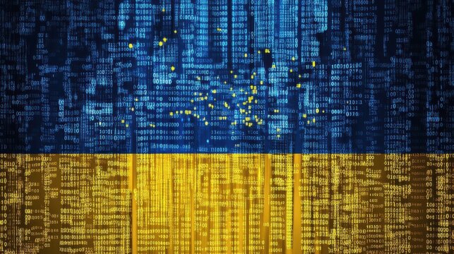 technology, cyberspace and information concept - binary code pattern in colors of flag of ukraine - Powered by Adobe