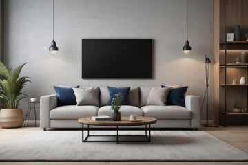 Fototapeta premium interior of modern living room with laptop, carpet and furniture