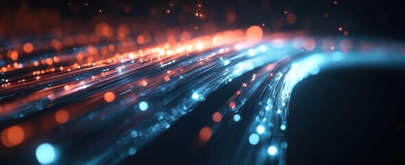 A close up of an optical fiber cable with light beams flowing through it, representing fast data transfer and connectivity.