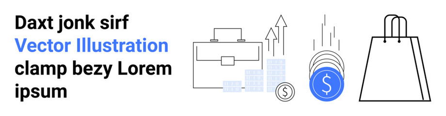 Briefcase and bar chart highlight business growth coins and arrow symbolize financial success shopping bag represents commerce. Ideal for finance, marketing, business strategy, investment, retail