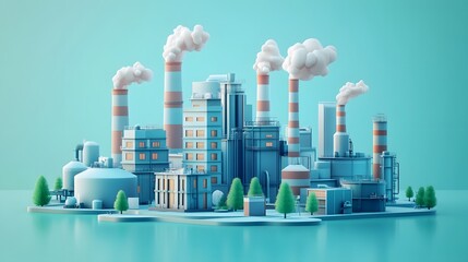 Fototapeta premium 3D cartoon industrial factory, cute chibi style. Smoking chimneys, buildings, trees, skyline in light blue palette. Minimalist vector art, environmental theme in isometric perspective.