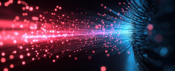Obraz premium A close up of an optical fiber cable with light beams flowing through it, representing fast data transfer and connectivity.