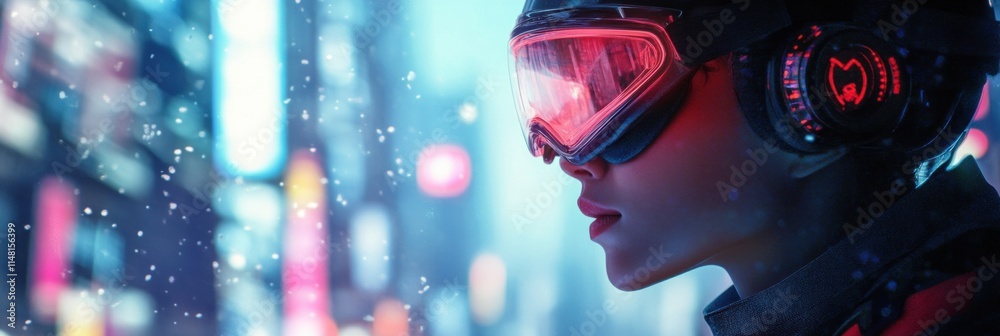 Fototapete Profile view of a person in a safety helmet and goggles with an urban abstract background during twilight hours. Generative AI